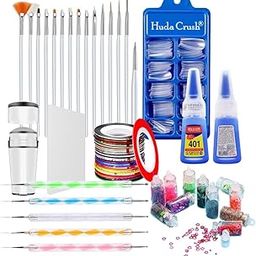 Nail Art Decoration Combo Kit 6 Glass Bottles Glitters (Assorted) 1 Clear Jelly Stamper with Scraper 1 Pc Stamp Plates 5 Dotting Pens 100 Fake Nails 5 Nail Tapes 1 Nail Tipping Guide with 1 Glue for girls & women-11