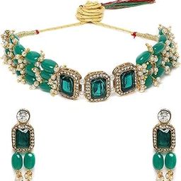 Green Stones & Beads Multistrand Traditional Choker Necklace & Earring Set For Women-ZPFK10111-image-91