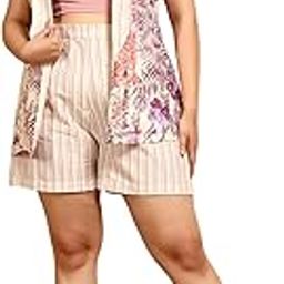 Striped with Placement Print Cotton Blazer & Shorts Plus Size Co-ord Set for Women's|Sleeveless Notch Collar Neck Stylish Summer Western Casual Wear Ladies Cord Set-picture-10