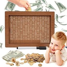Wooden Money Box with Money Target and Numbers, Portable Money Saving Box with Counter, Retro Piggy Bank with Marking Pen, Wooden Coin Bank for Boys & Girls E-42