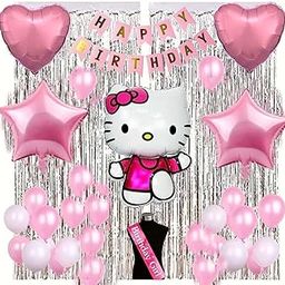 GROOVY DUDZ Hello Kitty Birthday Party Decoration Theme Items Combo of 52 Pcs for Baby Kids Girl, Balloons Set, Pink & White Balloons, Silver Curtains, Bday Girl Sash for Home Décor-12