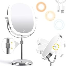 9'' Lighted Makeup Mirror with 1x/7x Magnification, Height Adjustable Vanity Mirror, 3 Color Light Lighted Mirror with Magnification, Rechargeable 360° Swivel Double Sided Makeup Mirror, Chrome-16