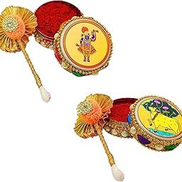 santarms Aluminium Handcrafted Sindoor Box for Women with 5gm Red Sindoor and Stick Applicator, Jaipuri Round Kumkum Dabbi/Dibbi Sindur Dani (Kunjbihari + Cow)-image-2