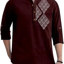 Men's Cotton Blend Self-Printed Short Kurta Shirt | Full Sleeve Mandarin Collar Casual Kurta-image-63