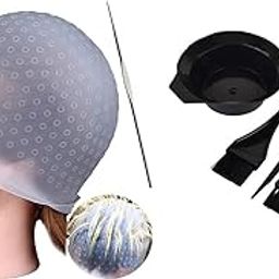 VEDETIC Reusable Silicone 1 Hair Dye Cap Set with 1 Hooks, 3 Hair Color Brushes & 1 Bowl for Home Salon Women Men Girls-image-77