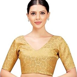 Women's Golden Benarsi Brocade V Neck Readymade Saree Blouse-image-39