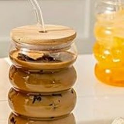 Can Shape Drinking Glasses Tumbler with Airtight Wooden Lid and Straw 500ml for Juice Cocktail Iced Tea Coffee Hot Cold Drink Cup Home Office Travel(Pack of 1) (ROUND WAVE LID CAN)Transparent-image-98