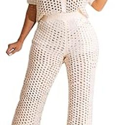2 Piece Outfits Women Crochet Knit Color Block Short Sleeve Button Down Shirt and Long Pants Holiday Beach Set-picture-30