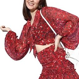 Women's Floral Printed Collared Neck Long Sleeve Chiffon Shirt With Mini Gathered Skirts || Western Flower Printed Spread Collar Puff Sleeve Shirt With Short Skirts Co ords Set For Women-image-69