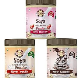 Eat Soya...BE SMART EAT SMART Soy Drink Powder 400gm Flavor Chocolate, Vanilla, Strawberry 45% Protein (Non GMO, Lactose free, Cholesterol Free, Sugar Free, Plant-Based / Vegan Milk Alternative) Pack of 3-9