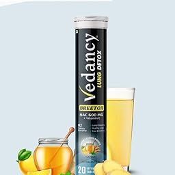 Vedancy Breetox Lung Detox Effervescent Tablets, NAC and Vitamin C, Honey Lemon Ginger Flavour, Sugar-Free, Vegan (Pack of 1)-24
