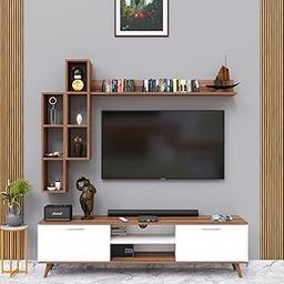 Spyder Craft Matte Finish TV Entertainment Unit, Tv Stand with Wall Shelf Book Storage | Decore Living Room Engineered Wood TV Entertainment Books Storage & Decor Unit (Color Wood Brown & White)-picture-7