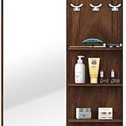 BLUEWUD Freddie Engineered Wood Wall Mount Dressing Table Organizer Makeup Vanity with Mirror, Storage Shelves, Bangle Holder & Hooks for Bedroom Living Room Home Furniture, DIY (Brown Maple)-16