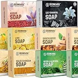 SEDROVEIL 1pcs Kesar Soap | Lily Charcol | 2pcs Lime | Sandalwood | Haldi Chandan | Neem & Aloevera Soap| Natural & Handcrafted | Paraben-Free | Antibacterial & Anti-Acne | Gentle Exfoliation | For Clear & Healthy Skin | 10 x 95g Bar-28