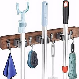 Fineway Broom Mop Holder Wall Mount，Rustic Solid Wood Wall Mounted Garden Tool Organizer Rake Hanger with 3 Racks 4 Hooks for Bathroom Kitchen Office Closet Garden-image-9