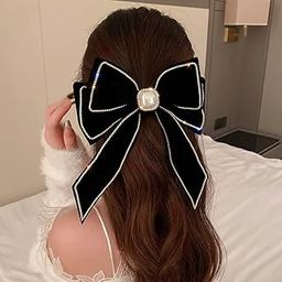 CHIROGRAPHY 1 pcs Luxury Velvet Black Hair Bow Hair Clips Barrettes Clips Large Bows with Pearl Rhinestone Hair Clip Big Bowknot Barrettes French Style Hair Accessories for Women (Black)-image-17