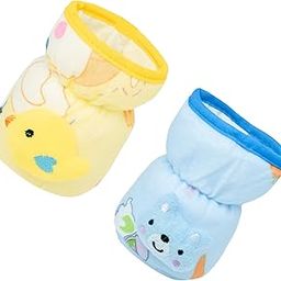THE LITTLE LOOKERS Baby Feeding Bottle Cover with Easy to Hold Strap | Narrow Neck Soft Plush Stretchable Baby Feeding Bottle Tote Bag Cover Pack of 2 (Yellow & Blue, 60ml)-picture-1