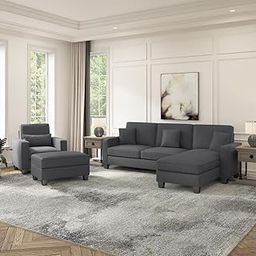Torque - Moscow 1 Seater + 4 Seater L Shape Fabric Sofa Set (Right Side, Dark Grey) with Ottoman for Living Room|Bedroom,Office,Home Furniture |3 Year Warranty-image-47