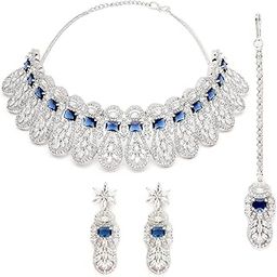 Silver Tone Green American Diamond Studded Necklace Set-image-72