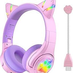 Riwbox CF9 Cat Ear Kids Bluetooth Headphones with LED Light Up,Safe 85dB Volume Limit,Built-in Mic&Boom Mic for Calls,Kids Wireless&Wired Headphones for Tablet/Airplane/School/Online Learning (Purple)-24