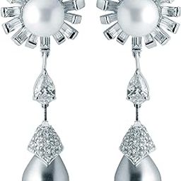 92.5 Sterling Silver Embellished Swarovski Zirconia, Culture Pearls Fancy Cocktail Earrings for Women Girls 2.20 x 0.75 Inches Long Earing-image-70