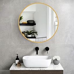 Round Wall Mirror in Metal Frame Mirror I Modern Design Gold Metal Frame Mirror in Medium Size I Bathroom Wash Basin, Bedroom, Drawing Room (Gold, 24")-image-23