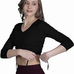 B4090 Women's Cotton V Neck 3/4 Sleeve Adjustable Drawstring Crop Top Readymade Saree Blouse for Women-image-77