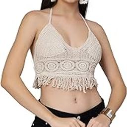 Women's Hollow Out Crochet Halter Neck Padded Bikini Tops Backless Sheer Lace Up Beachwear Bralette Crop Top(Bust Size 26-34 Inch)-picture-24