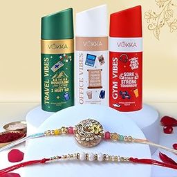 VOKKA Rakhi Gift for Brother – 3 Unisex Deodorants 150ml Each Gym + Office + Travel Vibes with 2 Rakhis | Floral, White & Golden Beaded Rakhi | Raksha Bandhan Combo Set for Bhaiya & Bhabhi-image-72