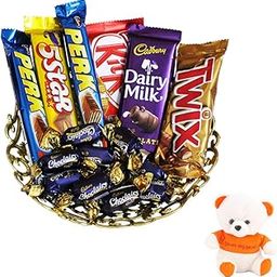 SFU E Com Waffery & Milky Chocolate Hamper With Desginer Golden Tray | Valentine Love Teddy Bear With Chocolate Combo | Valentine Chocolate Hamper | 178-86