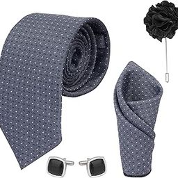 Grey Check Dotted design micro print fine Necktie Gift Set With Pocket Square, 2 pcs Cufflinks & Lapel Pin Formal Tie With (Leatherite Gift Box) (Pack of 4 pcs) (Grey Dotted)-32