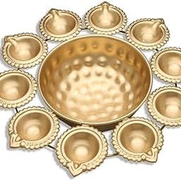 Decorative Metal Diya Set, Traditional Bowl with 10 Small Diyas, Gold Finish-image-88