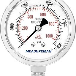 MEASUREMAN Fully Stainless Steel Hydraulic Glycerin Filled Pressure Gauge, 2-1/2" Dial Size,0-15000psi/bar,1/4"NPT Lower Mount-19