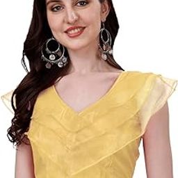 Women's V Neck Orgenza Three Layer Ruffle Sleeve Frill Readymade Saree Blouse-image-49