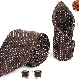 Mens Plaid Dotted Silk Necktie Gift Set With Pocket Square Cufflinks & Brooch Pin Formal Tie With Leatherite Box (Brown D1BNRX Free Size)-image-75