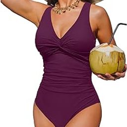 One Piece Swimsuit for Women Vintage V Neck Twist Bathing Suit Tummy Control Slimming Monokini, Purple, Small-image-32