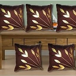 BALLEY Silk Decorative Golden Leaf Striped Pillow Cover Bedroom & Living Room Cushion Cover Set Sofa 16 X 16 Inches (Set of 5) (Brown)-image-40