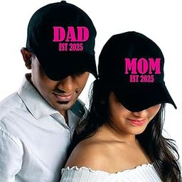Mom and Dad EST 2025 Matching Caps, Black with Pink Text, Couple Caps-image-4