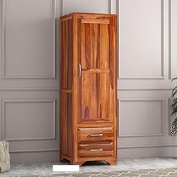MANNAT ARTS Wooden Single Door Wardrobe Organizer for Storage with 2 Drawer 1 Shelves & Hanging Space - Sheesham Wood Cupboard for Bedroom - Wooden Almirah Organizer for Clothes Storage (Design 50)-image-87