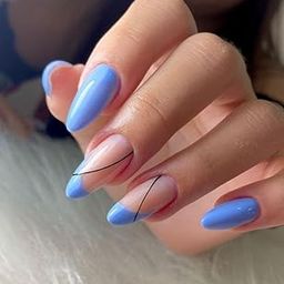 Set Of 14Pc, Long Almond-Shaped Press-On, Glossy Blue French Tips with Black Line Design, Nail Extensions With Free Glue-image-88