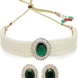 Eye-Catchy Gold Plated with Multi String Faux Pearls Choker Necklace with Studs Earring Jewellery Set for Women & Girls-image-13