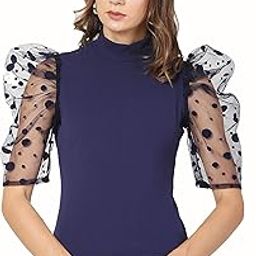 High Neck Puff Sleeve Polka Dot Tops Size S M L-image-56