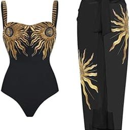 Waves by Shrijal: Caribbean Charm | Black swimsuit | One-piece swimwear with a Sarong for women-image-92