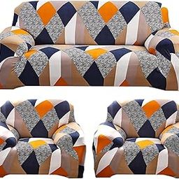 Sofa Cover 3 Seater and 2 Seater Fully Covered Universal 5 Seater Sofa Cover Non-Slip Sticky Elastic Stretchable Sofa Set Slipcover Protector for (3+1+1 Seater), Orange Prism-7