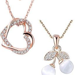 Rose Gold Plated Combo Of 2 Dual Heart Pendant And Cherry Alloy Pendant With White Crystal Stones For Girls And Women CO1000385-12