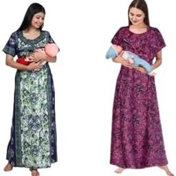 Women's Printed Maternity Nighty/Feeding Nighty/Pregnancy Night Gown/A-Line Nursing Nighty with Zippers for Nursing Pre and Post-Pregnancy- Pack of 2-HMZNFN0032 Multicolour-image-93