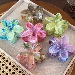 3-Piece Plumeria Flower Hair Claw Clips, Bohemian Minimalist Design, Multi-Colour Plastic Barrettes for Women and Girls-0