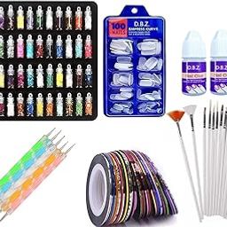 D.B.Z. Nail Art Kit - Glass Bottles, Glitter Stones, 100 Nails, 10 Tapes, 15 Brushes, 5 Dotting Pens with 2 Glue - 48 Pieces-52