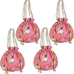 Potli|Silk Wedding Potli|Wallet Potli|Christmas Gift Potli|Baby Shower Potli|Traditional Shagun Potli|Drawstring with Beads Handle Potli|Cow-Design Patli Potli|Pack of 4|Pink-image-0