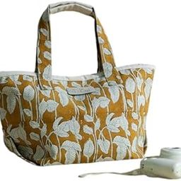 Natures Cotton Canvas Beach Bag Large Yellow | Hand Block Printed | Metal Trims | Single Piece (L001)-image-68
